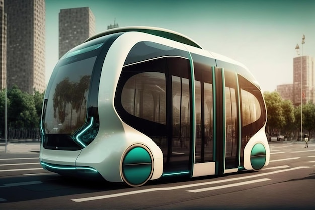 Zukunft der urbanen autonomen Mobilität Stadtbus Öffentliche Verkehrsmittel Generative KI-Illustration