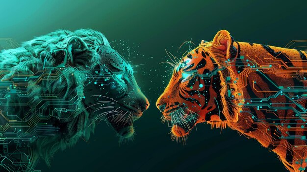 Zukunfts-digitaler Löwe gegen technologischen Tiger digitaler Löwenkopf kombiniert mit elektronischem Brett leistungsfähige Technologie Konfrontation
