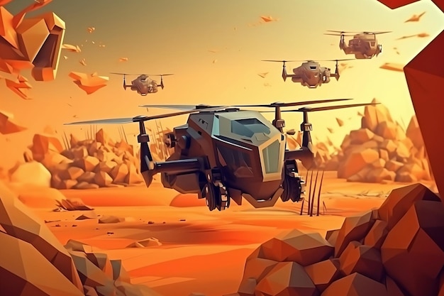 Zukunfts-Militär-Helikopter-Kampfflugzeug-Angriffskonzept 3D-Low-Poly-Grafik-Illustration generative KI