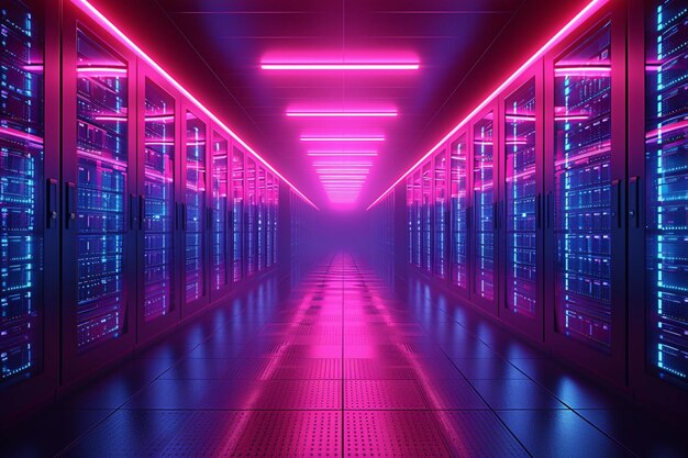 Zukunftsorientierter Datenzentrum Neonbeleuchteter Serverraum für moderne Technologieinfrastruktur