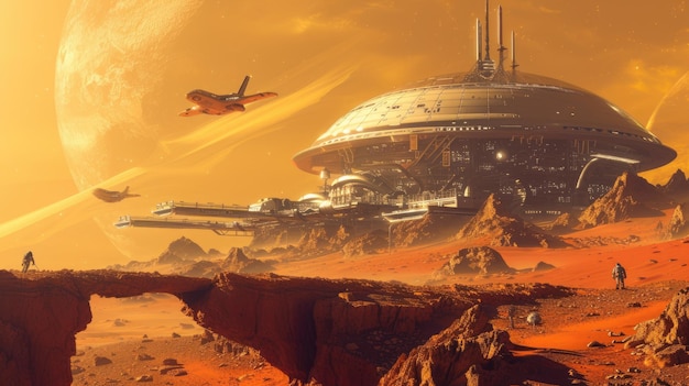 Zukunftsorientierter Mars-Raumhafen mit glänzenden Raumschiffen