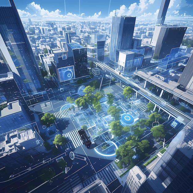 Zukunftsorientiertes Smart Cityscape mit fortschrittlichem Verkehrsnetz