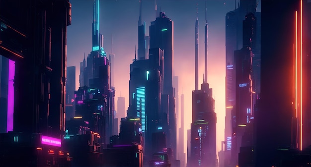 Zukunftsstadt mit Neonlicht
