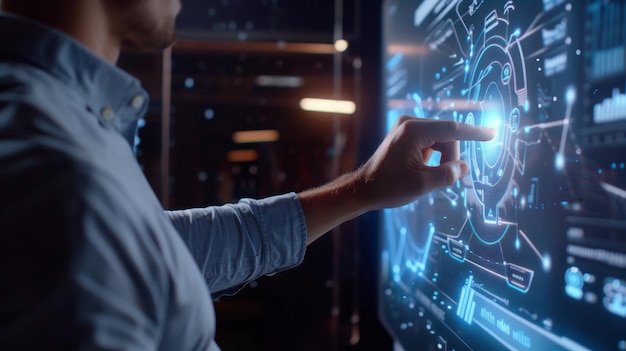 Zukunftstechnologie Touchscreen-Schnittstelle Schöner Geschäftsmann in Hemd interagiert mit dem Computerbildschirm und zeichnet ein Diagramm in einem futuristischen Büro Selektiven Fokus auf die Hand