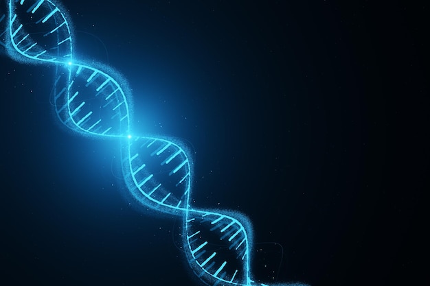 Zukunftswissenschaftliches Genetik- und Innovationstechnologiekonzept mit hellem digitalem DNA-Molekül auf abstraktem dunkelblauem Hintergrund mit Binärcode-3D-Rendering