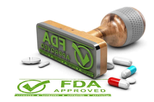 Zulassungskonzept für Medikamente. Stempel mit dem Text FDA genehmigt und Pillen auf weißem Hintergrund. 3D-Darstellung