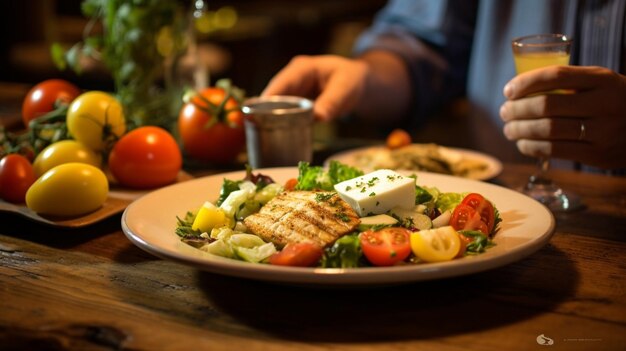 Zum Mittagessen in einem Restaurant isst eine Frau Tartar von Jakobsmuscheln mit Avocado-Kirschtomaten r Generative KI