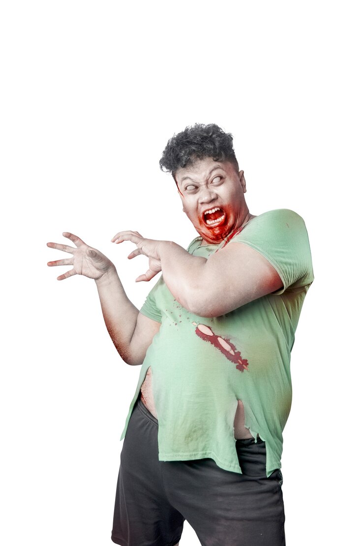 Foto zumbi assustador com sangue e ferida em seu corpo isolado sobre um fundo branco