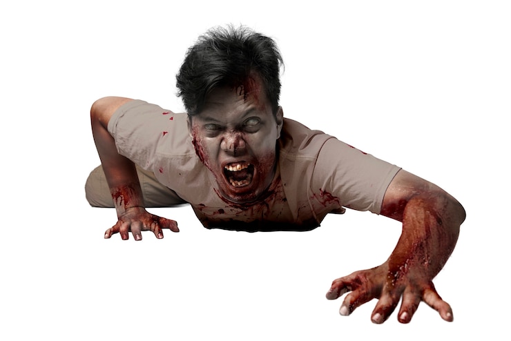 Foto zumbi assustador com sangue e ferida em seu corpo rastejando isolado sobre fundo branco