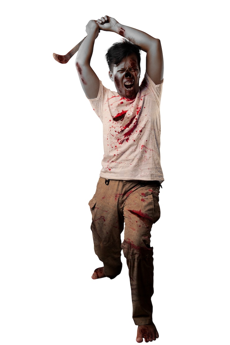 Foto zumbi assustador com sangue e ferida no corpo segurando uma foice em pé isolado sobre um fundo branco