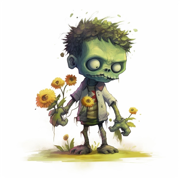 Zumbi de desenho animado com flores e um regador ai generativo