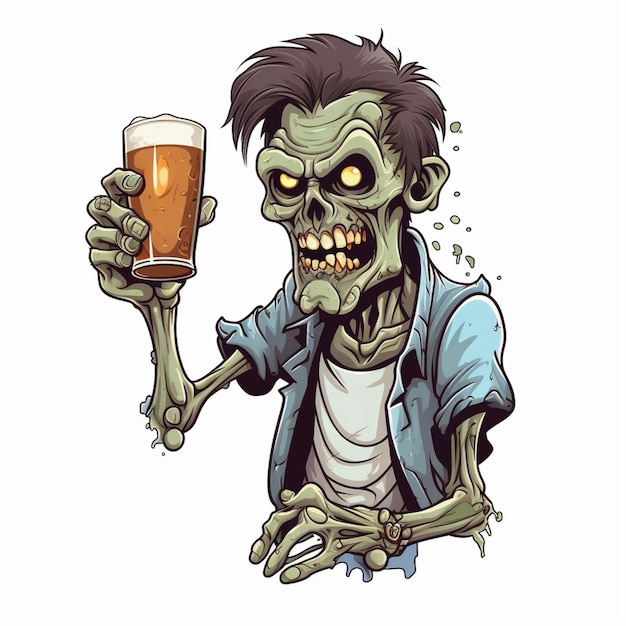 zumbi de desenho animado segurando um copo de cerveja e apontando para ele IA generativa