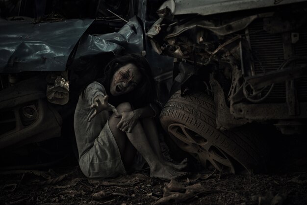 Zumbi, mulher, sentando, esticar mão, câmera, para, dia das bruxas, festival