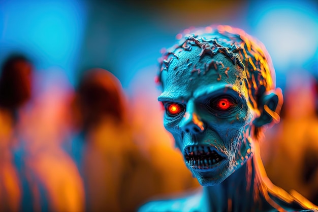 Zumbi techno com luzes neon e olhos brilhantes Conceito de festa de terror cyberpunk IA gerada