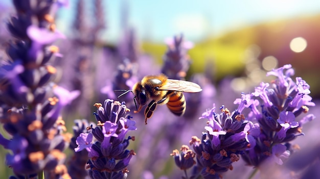 El zumbido entre las abejas de lavanda en la hermosa planta púrpura