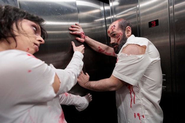 Zumbis malvados agressivos tentando escapar do elevador, monstros do mal comendo cérebro atacando o local de trabalho. Mortos-vivos assustadores assustadores com feridas sujas de sangue, parecendo assustadores e sangrentos aterrorizantes.