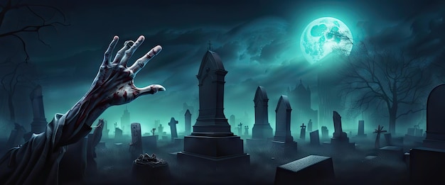 Zumbis realistas se erguendo em bandeira escura uma mão se estende de um cemitério à noite com uma lua cheia