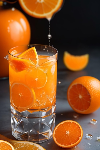 Zumo de naranja refrescante en vaso con naranjas