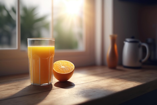 Zumo de naranja sobre mesa de madera IA generativa