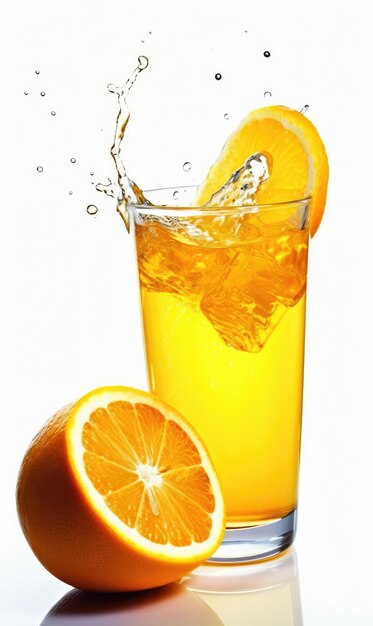 Zumo de naranja con toques de fruta naranja en una foto de estudio de fondo blanco aislada