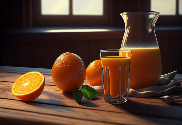 Zumo de naranja en un vaso sobre una mesa de madera