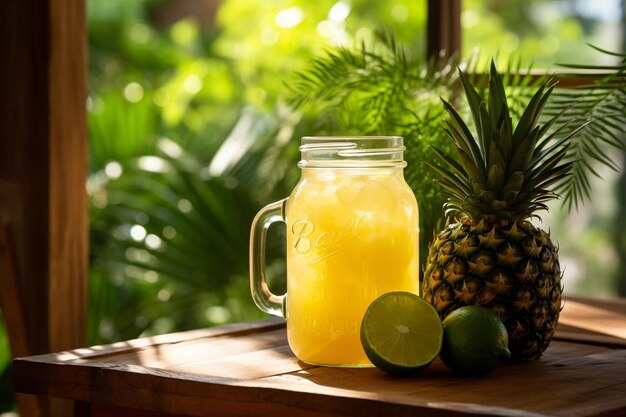 Zumo de piña en frasco Mason con jugo de piña de lima fresca fotografía de imágenes