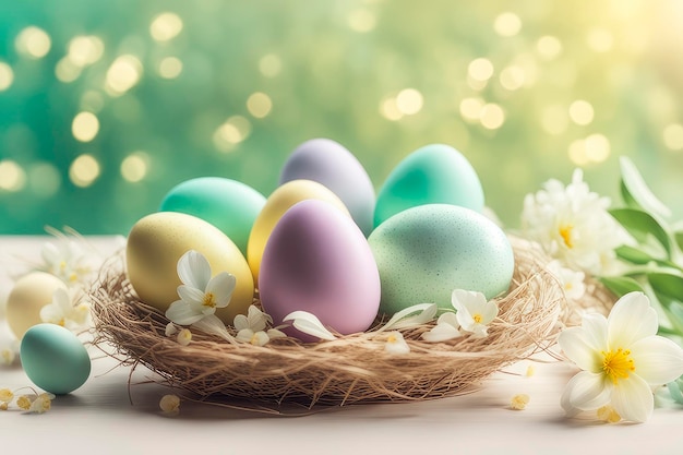 Zur Feier der Osterfeiertage Grußkartenmodell mit hellen Bokeh-Blumen und farbigen Eiern