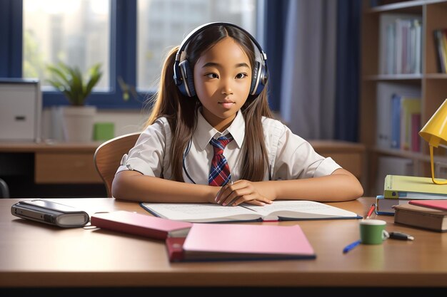 Zurück in der Schule sitzt das Schulmädchen am Schreibtisch und hört Musik