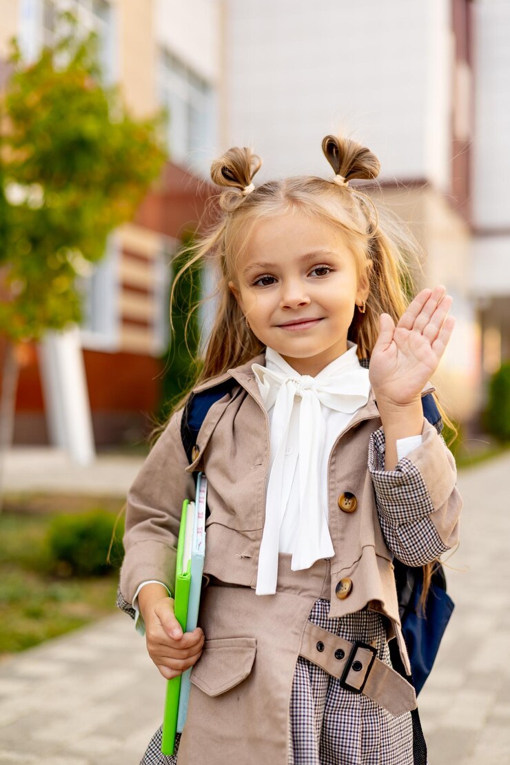 Foto zurück in die schule ein erstklässler geht mit einem rucksack oder einer aktentasche und büchern in den händen zur schule ein schulmädchen in der nähe der schule im september winkt ihren eltern auf wiedersehen