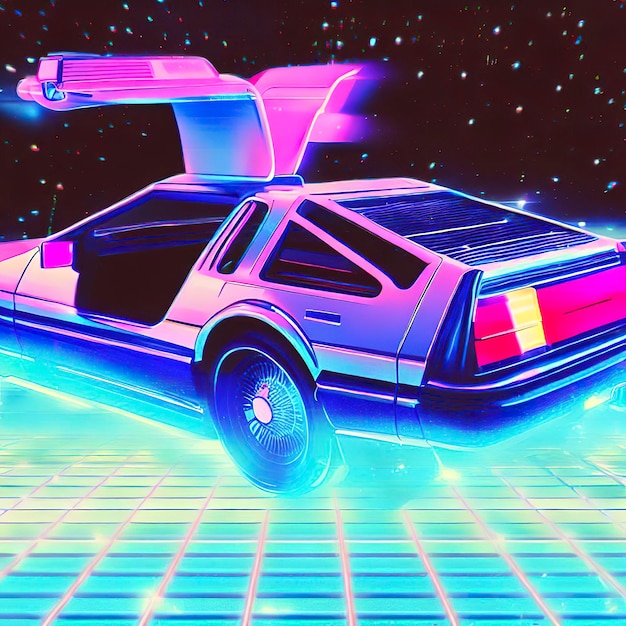 Zurück in die Zukunft Delorean fliegende Weltraum-Synth-Welle digitale Kunst