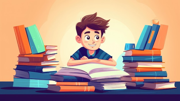 Zurück zum Schulkonzept, Junge im Cartoon-Stil, der mit Büchern am Schreibtisch sitzt. KI-generiertes Bild