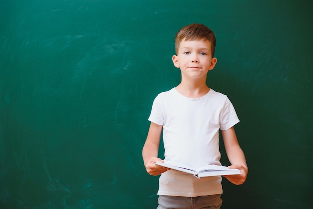 Zurück zum Schulkonzept. Schulkind in der Klasse. Glückliches Kind gegen grüne Tafel. Intelligentes Kind im Klassenzimmer. Idee und Bildungskonzept