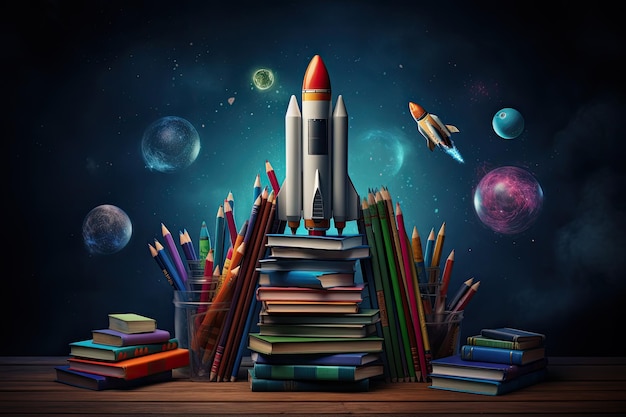 Zurück zur Schule, Bücher, Bleistifte, Raketenskizze