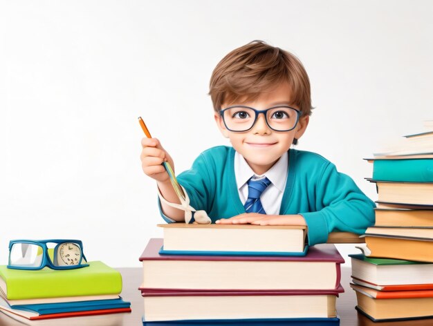 Zurück zur Schule: ein frühreifer kleiner Junge mit Brille und einem Stapel lernbegieriger Bücher auf dem Tisch