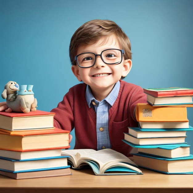 Zurück zur Schule: ein frühreifer kleiner Junge mit Brille und einem Stapel lernbegieriger Bücher auf dem Tisch