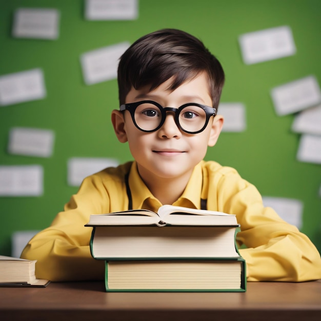 Zurück zur Schule: Ein kleiner Junge stapelt lernbegierig Bücher auf dem Tisch