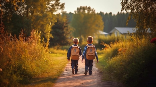 Zurück zur Schule: glückliche Kinder gehen zur Schule, Rückansicht