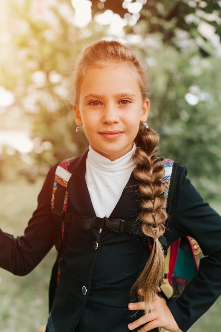 Foto zurück zur schule kleines glückliches kind schülerin schulmädchen acht jahre alt in modischer uniform mit rucksack und frisur voluminöser langer zopf bereit, in die zweite klasse am ersten tag der grundschule zu gehen