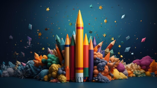 Zurück zur Schule kreatives Banner Raketen-Schiff-Launch mit Bleistiften gemacht Online-Lernen digital