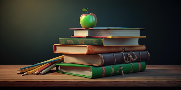 Zurück zur Schule Lehrbücher, die auf einer hölzernen Schulbank vor einer grünen Tafel gestapelt sind Klassenzimmereinstellung AIGenerated