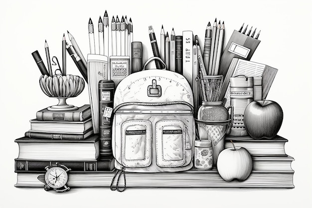 Foto zurück zur schule, schwarz-weiß-illustration mit büchern, bleistiften und apfel