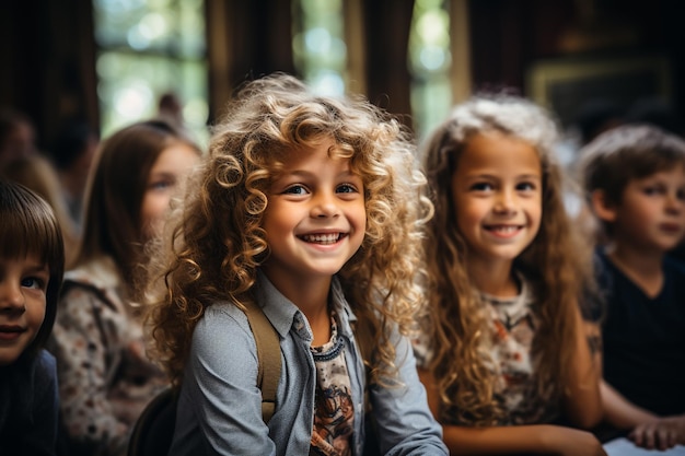 Zurück zur Schule Süßes Kind mit stilvoller Frisur mit Rucksack und Handy, das mit dem Handy spielt