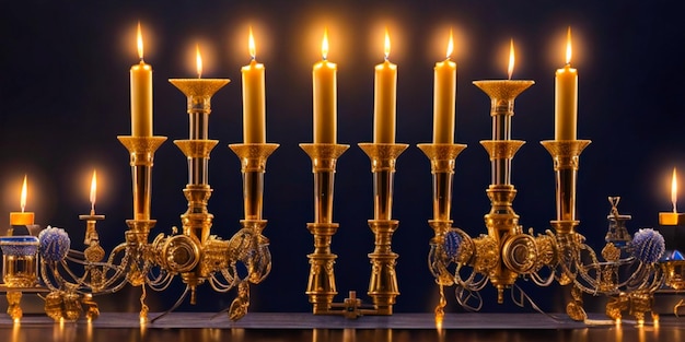 Zurückhaltendes Bild des jüdischen Feiertags Chanukka im Hintergrund mit traditionellen Kandelabern und Brennen der Menora