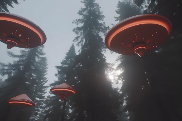 Zurückhaltendes Bild eines UFOs, das nachts über einem Wald schwebt, mit einem von der künstlichen Intelligenz eines neuronalen Netzwerks erzeugten Lichtstrahl