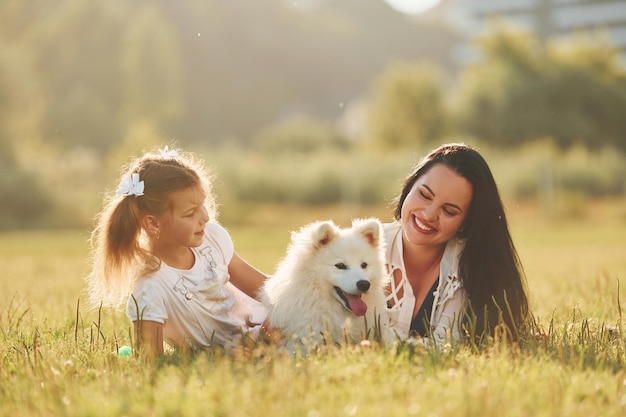 Zusammen niederlegen Frau und kleines Mädchen gehen bei sonnigem Tag mit Hund auf dem Feld spazieren