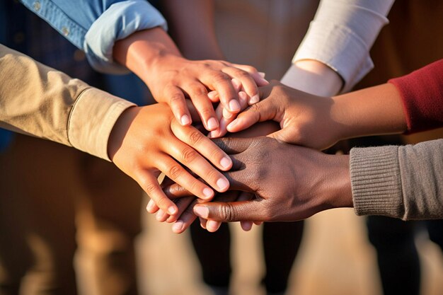 Zusammenarbeit die idee der einheit und eine gruppe von freunden, die sich die hände halten mit kopierraum nur hände sind