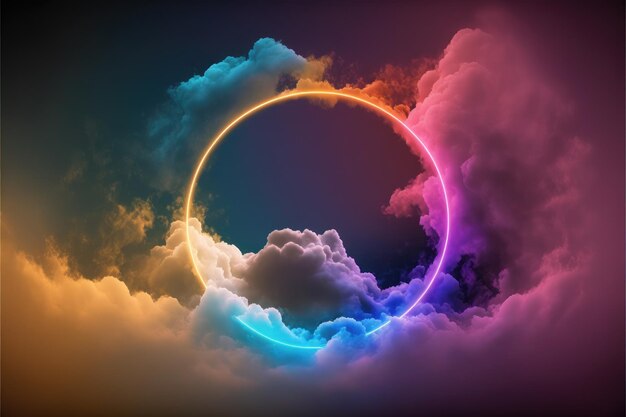 Zusammenfassung des leuchtenden Wolkenkreisrahmens, der mit Neonlicht auf Himmelsansicht beleuchtet wird