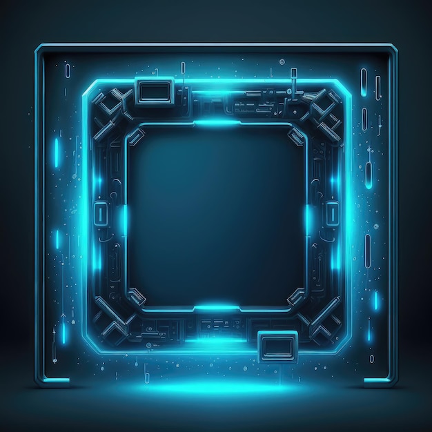 Zusammenfassung eines leuchtenden futuristischen quadratischen Rahmens, der im Spiel mit Neonblau beleuchtet wird