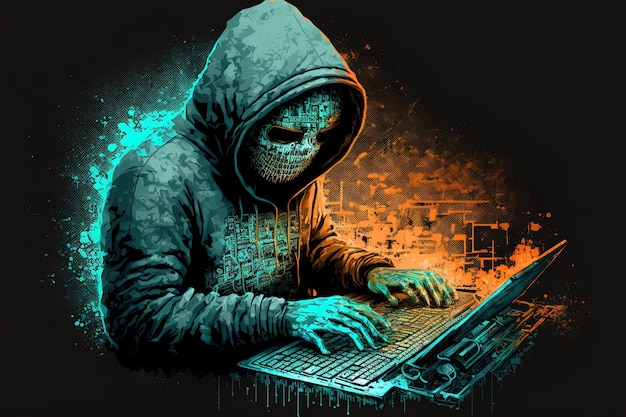 Zusammengesetzte Illustration eines Hackers, der eine Tastatur verwendet