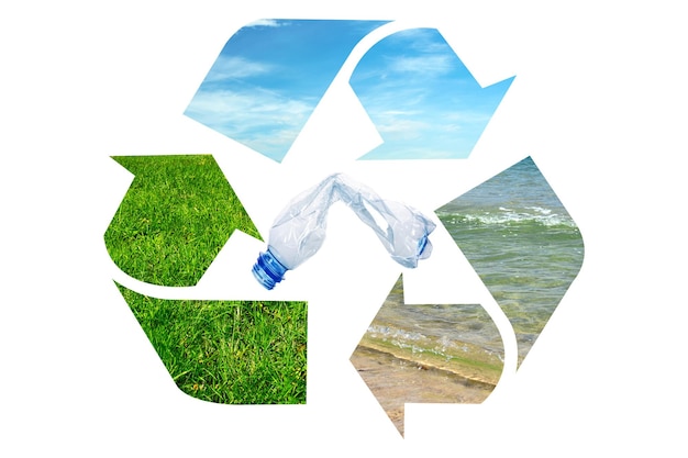 Zusammengesetztes Bild der globalen Umweltschutz-Plastik-Müllflasche im Recycling-Schild